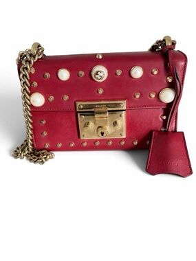 Gucci Red Leather Pearl Studded Padlock Small Shoulder Bag Gold Hardware Chain